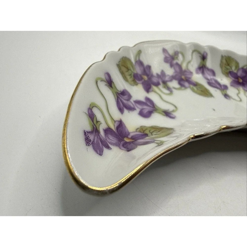 Vintage Crescent Moon Shape Trinket Dish, Purple Gold Floral Made in Germany